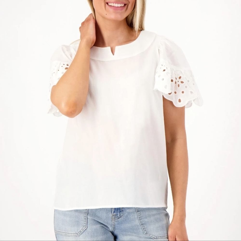 Isaac Mizrahi White Boxy Blouse with Mandarin Collar